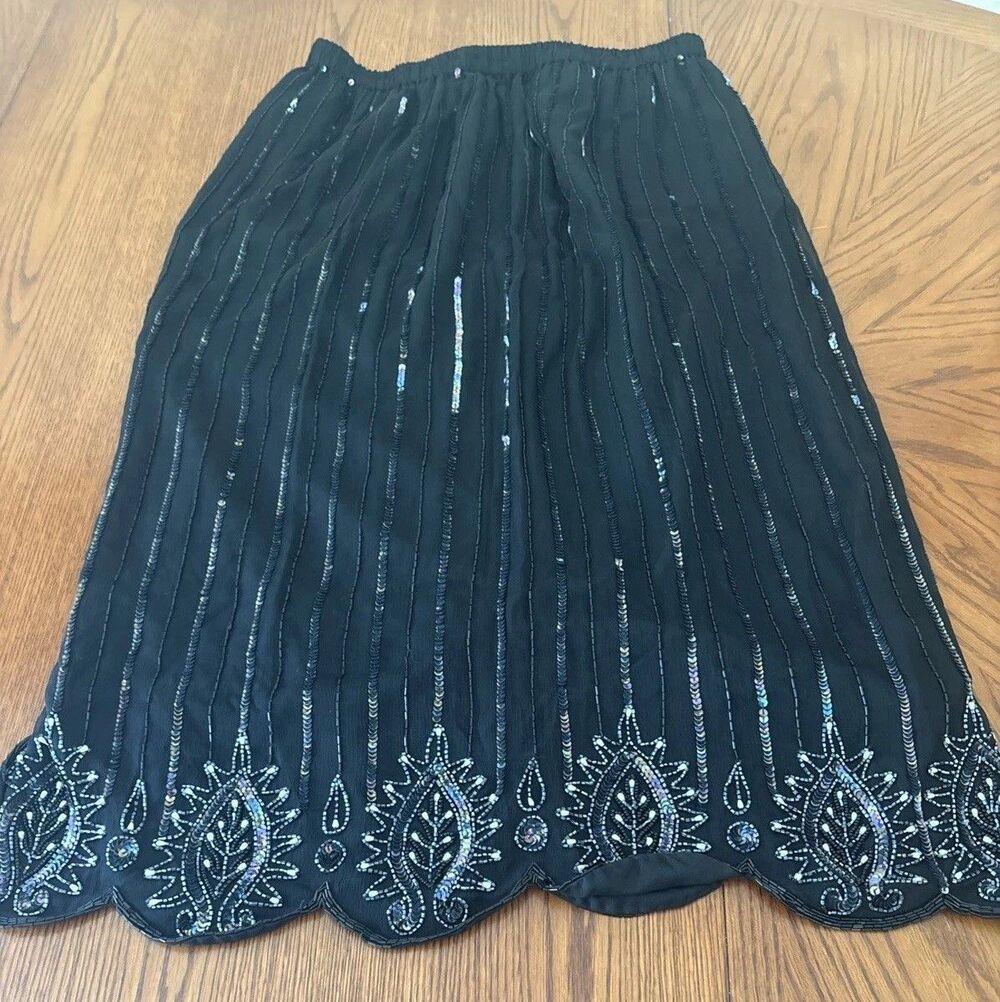 Vintage Sarin New York Beaded Silk Skirt Scalloped Hem Black Midi medium